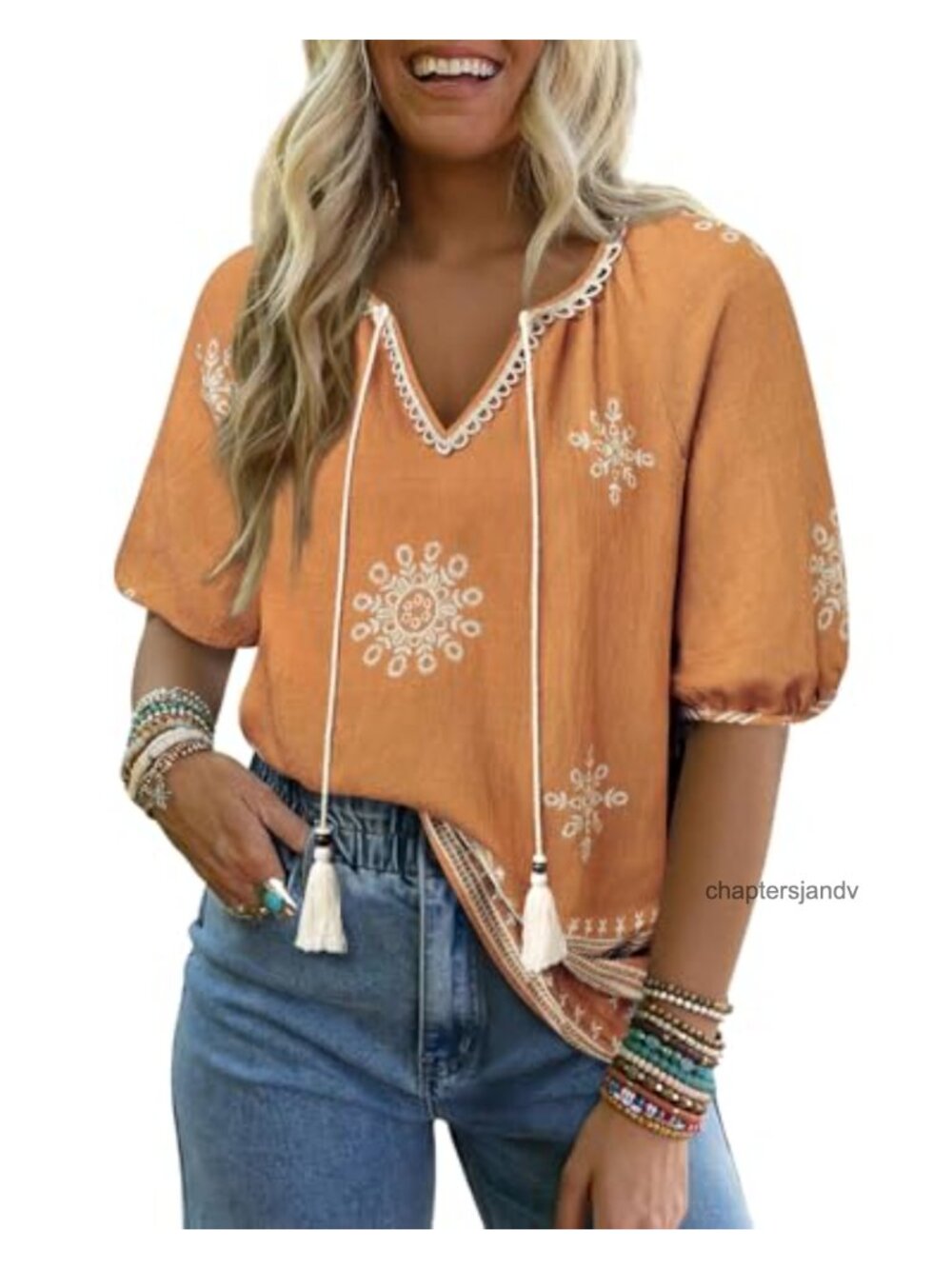 Boho V-Neck Half Sleeve Peasant Top Women Casual Flowy Blouse Rayon